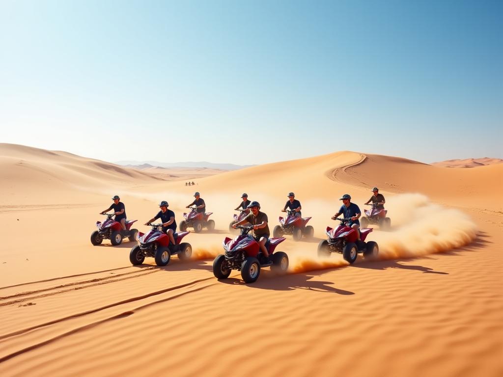 A group riding ATVs across the desert.
