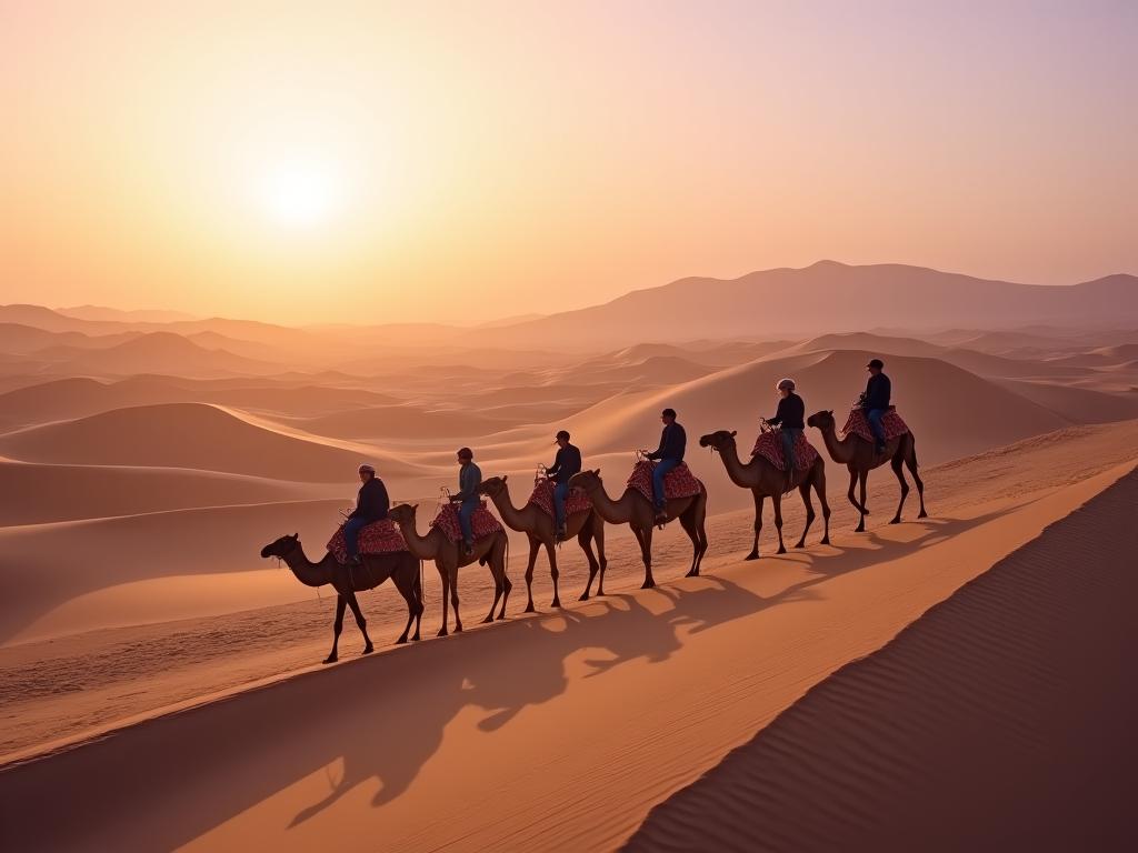 A line of tourists on a camel trek at sunrise.