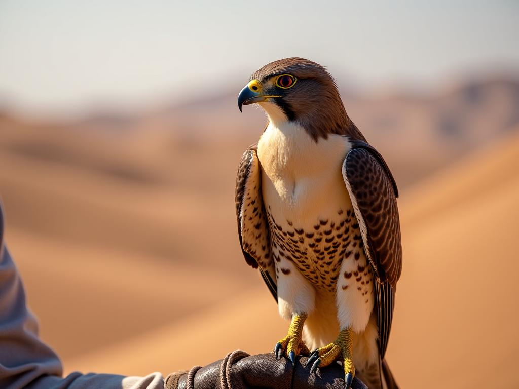 A trained falcon perched on a gloved hand.