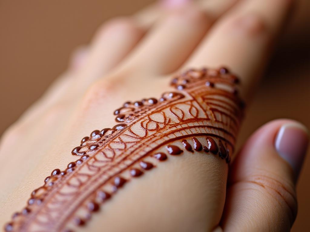 Close-up of intricate henna art on a hand.