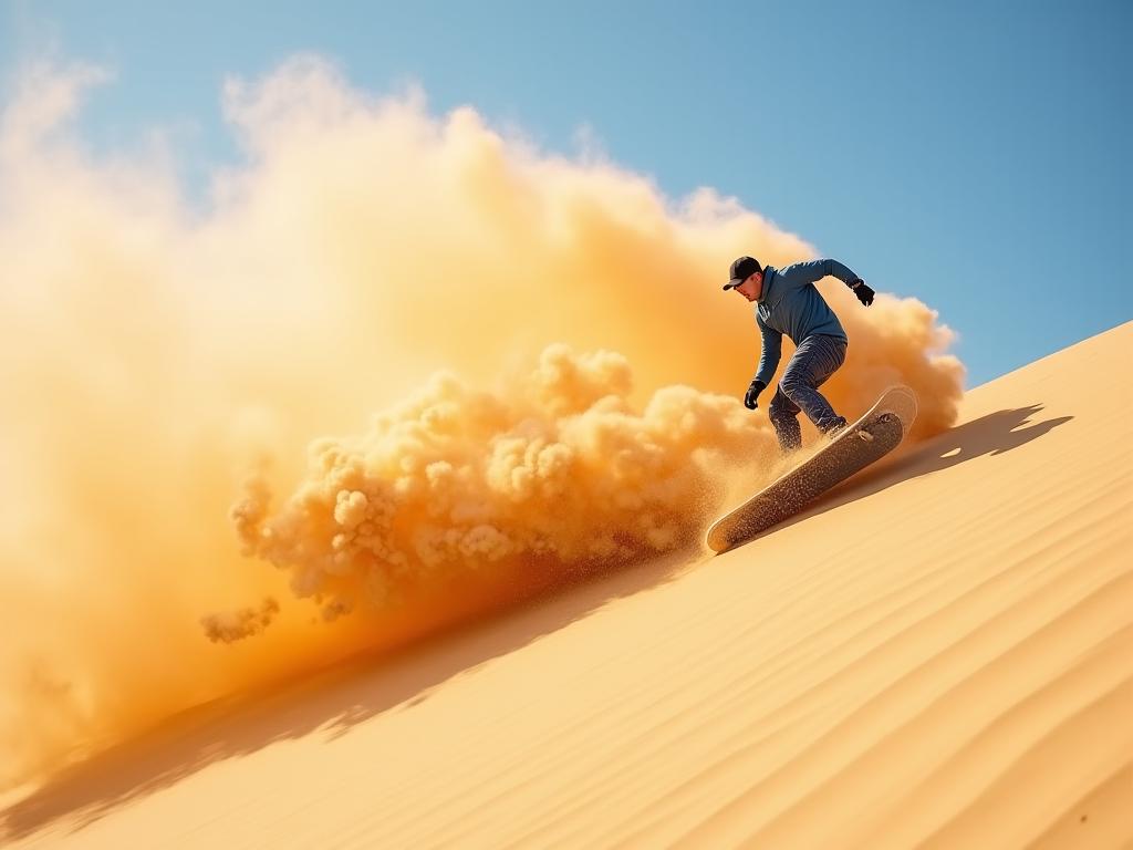 A person sliding down a steep sand dune on a sandboard.