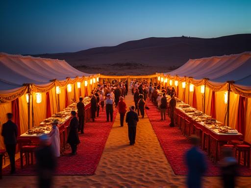 A bustling Bedouin-style camp at dusk with buffet tables and entertainers.