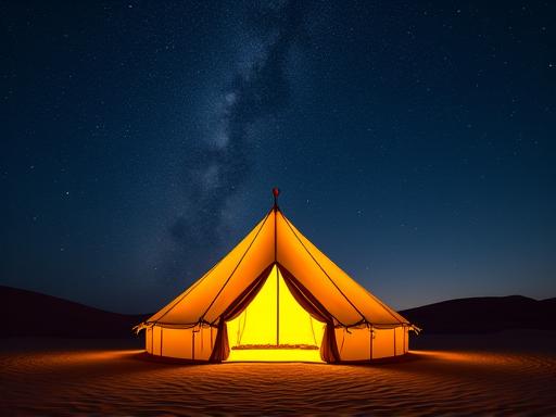 A luxurious tent under a star-filled desert sky.